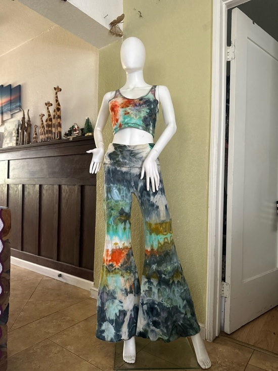Home made Pants - Tie-Dye cotton Crop Top & Flare Pants Set - Multicolor size large teeki fit